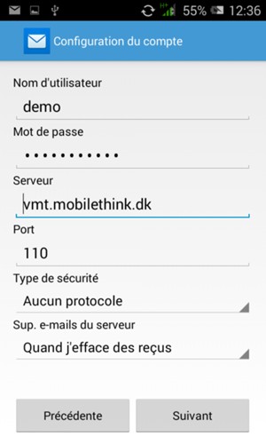 Saisissez votre Nom d'utilisateur et l'adresse du serveur entrant. Sélectionnez Suivant