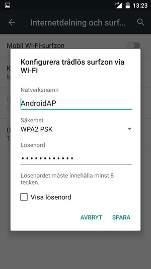 Ange ett lösenord för Wi-Fi-hotspoten, bestående av minst 8 tecken och välj SPARA