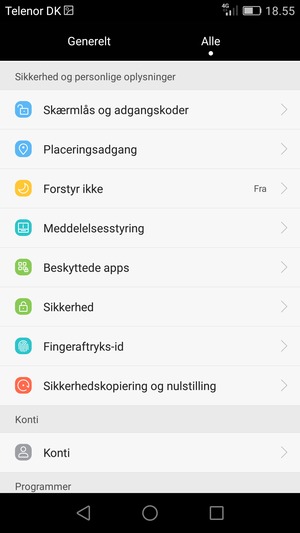 Scroll til og vælg Sikkerhed