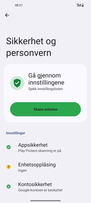 For å aktivere skjermlåsen, gå  til Sikkerhet og personvern-menyen og velg Enhetsopplåsning