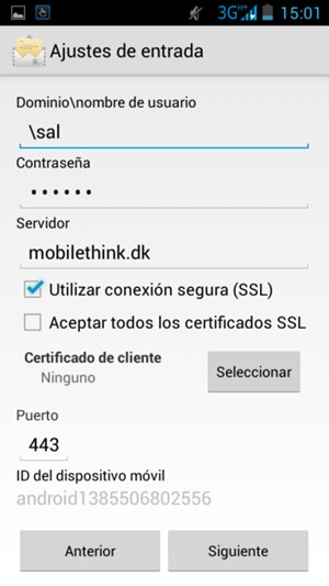 Introduzca Nombre de usuario y la dirección de servidor Exchange. Seleccione Siguiente