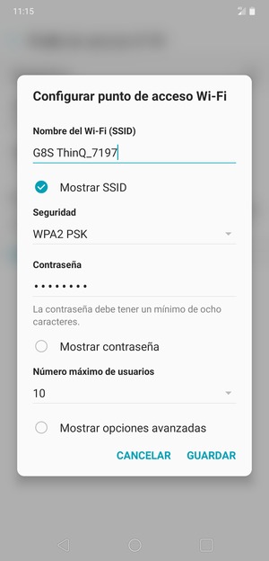 Introduzca una contraseña de punto de acceso Wi-Fi de al menos 8 caracteres y seleccione GUARDAR