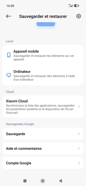 Faites défiler et sélectionnez Sauvegarde