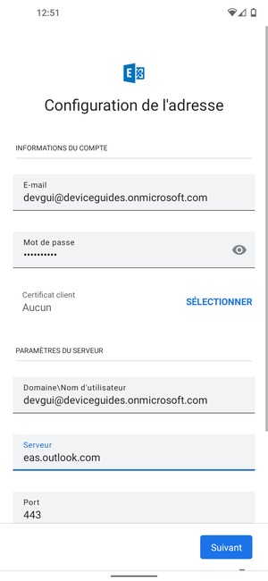Saisissez votre Nom d'utilisateur et l'adresse du serveur Exchange. Sélectionnez Suivant
