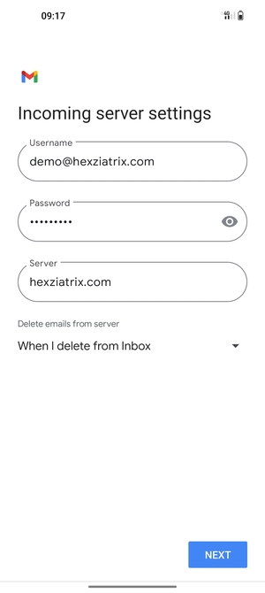 Enter Username and Incoming server address. Select NEXT
