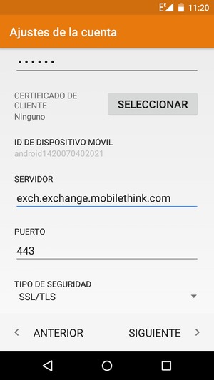 Desplácese hacia abajo e introduzca la dirección del servidor Exchange. Seleccione SIGUIENTE