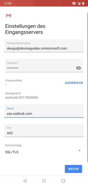 Geben Sie Nutzername und Exchange Server-Adresse ein. Wählen Sie WEITER