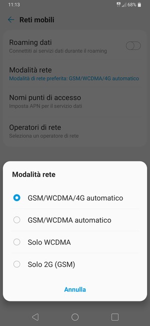 Seleziona Solo 2G (GSM) per abilitare 2G