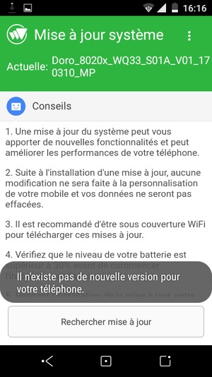 Si votre téléphone est à jour, vous verrez l'écran suivant