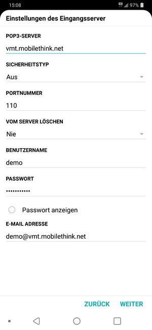 Geben Sie Eingang Server-Adresse und Benutzername ein. Wählen Sie WEITER