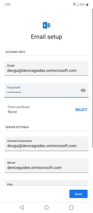 Enter Username and Exchange server address. Select Next