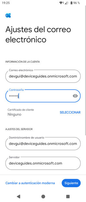 Introduzca Nombre de usuario y la dirección de servidor Exchange. Seleccione Siguiente