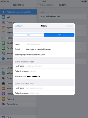 Selecteer POP of IMAP en voer e-mailgegevens voor SERVER INKOMENDE POST in