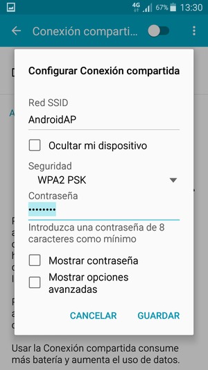 Introduzca una contraseña de punto de acceso Wi-Fi de al menos 8 caracteres y seleccione GUARDAR