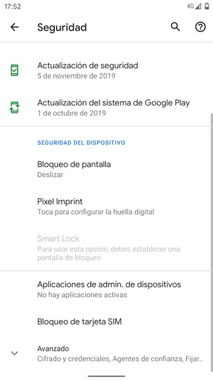 Para activar su bloqueo de pantalla, vaya al menú Seguridad y seleccione Bloqueo de pantalla
