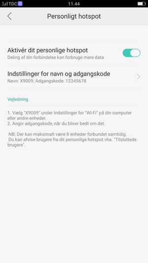 Din telefon er nu sat op til brug som modem