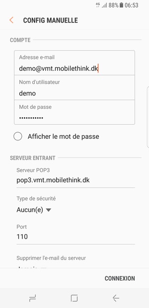 Saisissez votre Nom d'utilisateur et l'adresse du serveur entrant