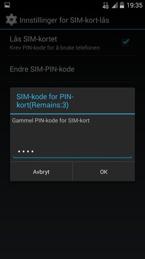 Skriv inn Gammel PIN-kode for SIM-kort og velg OK