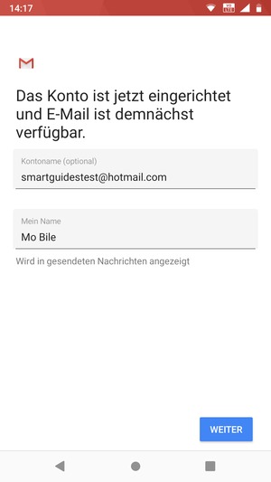 Geben Sie Ihrem Konto einen Namen und geben Sie Ihren Namen ein. Wählen Sie WEITER