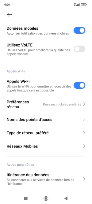 Faites défiler et sélectionnez Itinérance des données
