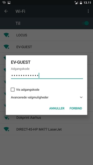 Indtast Wi-Fi adgangskoden og vælg FORBIND