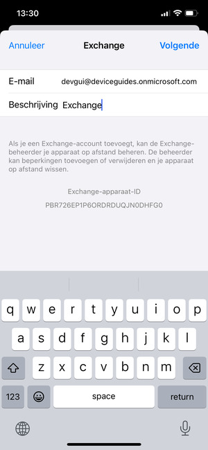 Voer uw Exchange e-mailgegevens in en selecteer Volgende