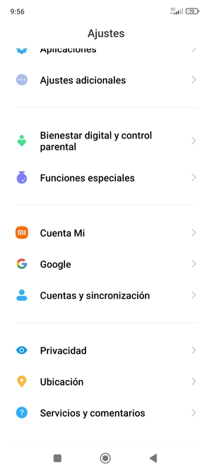 Vuelva al menú Ajustes y seleccione Cuentas y sincronización