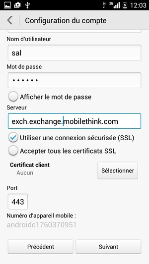 Saisissez l'adresse du serveur Exchange et sélectionnez Suivant