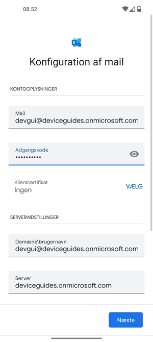 Indtast Brugernavn og Exchange serveradresse. Vælg Næste