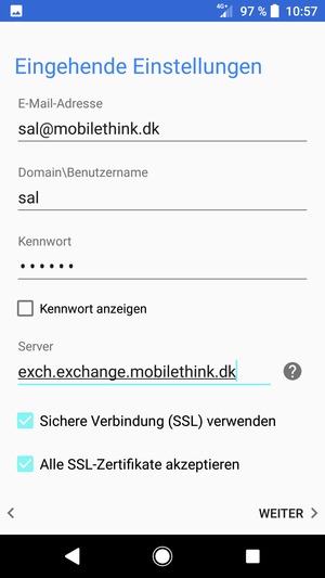 Geben Sie Benutzername und Exchange Server-Adresse ein. Wählen Sie WEITER