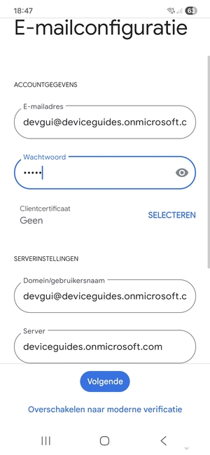 Voer Gebruikersnaam en Exchange serveradres in. Selecteer Volgende