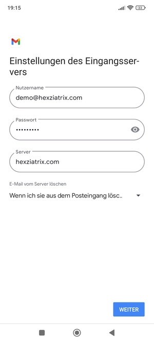 Geben Sie Benztzername und die Server-Adresse für eingehende Post ein. Wählen Sie WEITER