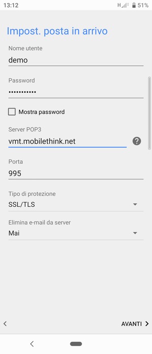 Inserisci Nome utente e l'indirizzo del server di posta in arrivo