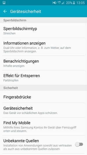 Um Ihre Bildschirmsperre zu aktivieren, gehen Sie zum Gerätesicherheit Menü und wählen Sie  Sperrbildschirmtyp