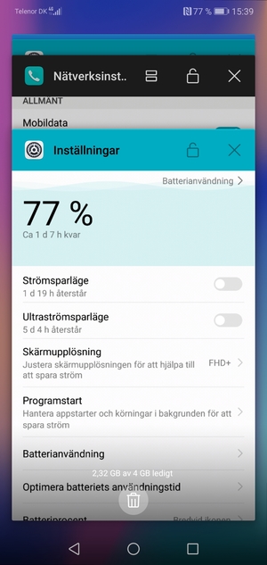 Välj ikonen Radera för att stänga appar som körs