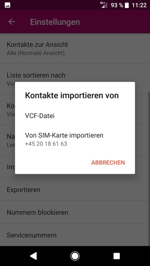 Wählen Sie Von SIM-Karte importieren