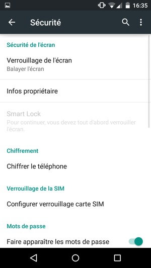 Pour activer votre écran de verrouillage, allez dans le menu Sécurité et sélectionnez Verrouillage de l'écran