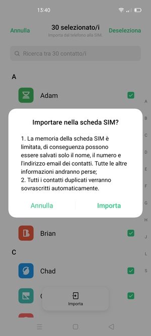 Seleziona Importa