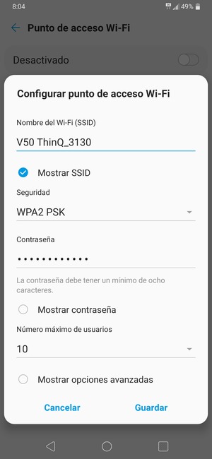 Introduzca una contraseña de punto de acceso Wi-Fi de al menos 8 caracteres y seleccione Guardar