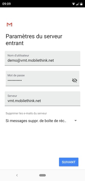 Saisissez votre Nom d'utilisateur et l'adresse du serveur entrant. Sélectionnez SUIVANT