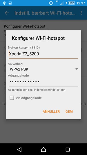 Indtast en Wi-Fi-hotspot adgangskode på minimum 8 tegn og vælg GEM