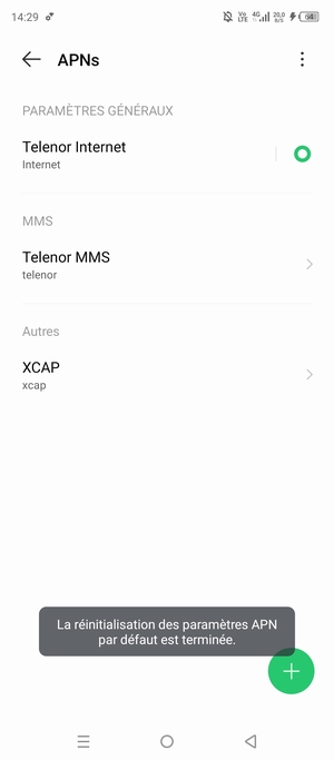 Votre téléphone va être réinitialisé avec les paramètres Internet et MMS par défaut