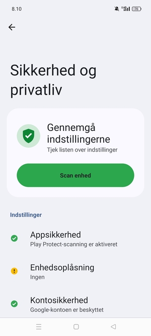 For at aktivere din skærmlås, gå til menuen Sikkerhed og privatliv og vælg Enhedsoplåsning