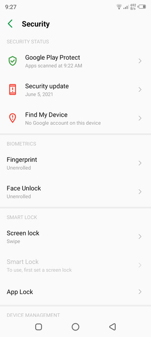 To activate your screen lock, return to the Security menu and select Screen lock