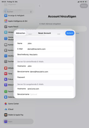 Geben Sie E-Mail-Informationen für  Server für ausgehende E-Mails ein und wählen Sie Sichern