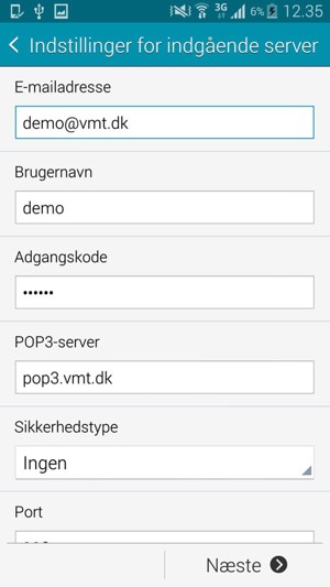 Indtast Brugernavn og Indgående serveradresse. Vælg Næste