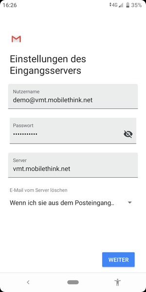 Geben Sie Benutzername und die Server-Adresse für eingehende Post ein. Wählen Sie WEITER