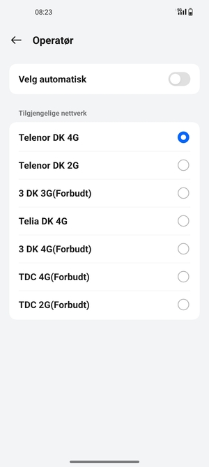 Velg en nettverksoperatør fra listen