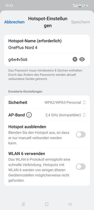 Geben Sie eine WLAN-Hotspot-Passwort mit mindestens 8 Zeichen ein und wählen Sie Speichern