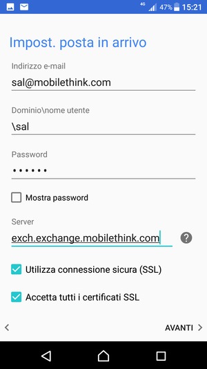 Inserisci Nome utente e l'indirizzo del server Exchange. Seleziona AVANTI